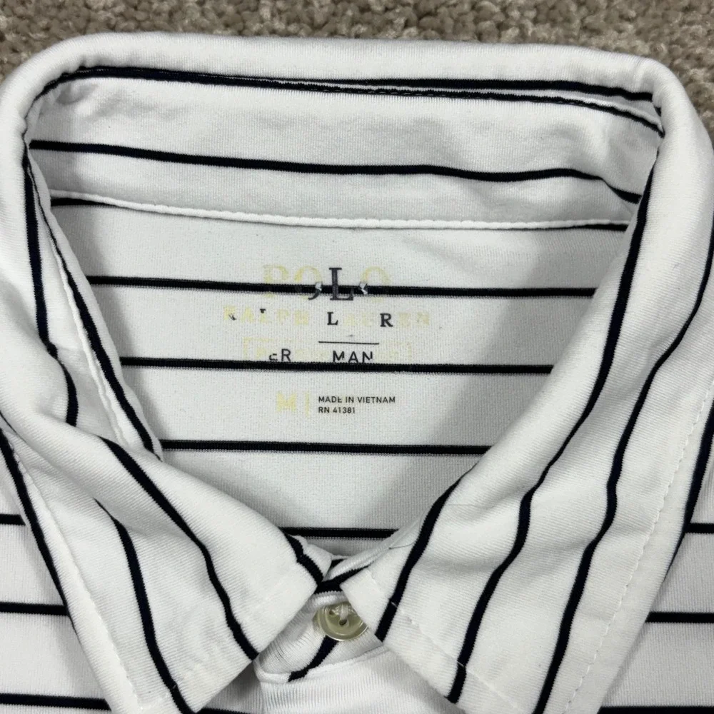 Polo Ralph Lauren Mens Medium White Navy Striped Performance Golf Polo Shirt